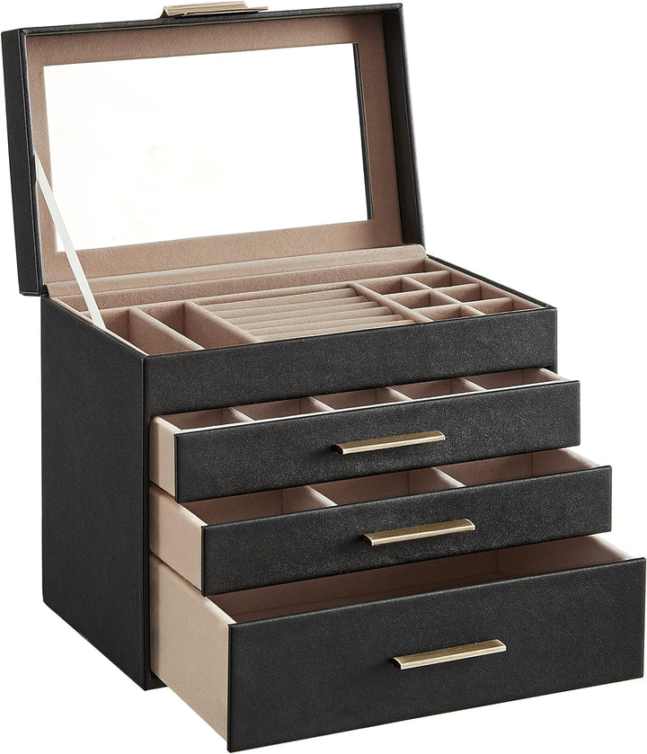 SONGMICS Schmuckkästchen, Schmuckkasten mit 4 Ebenen, Schmuckbox mit Glasdeckel, 3 Schubladen, für S