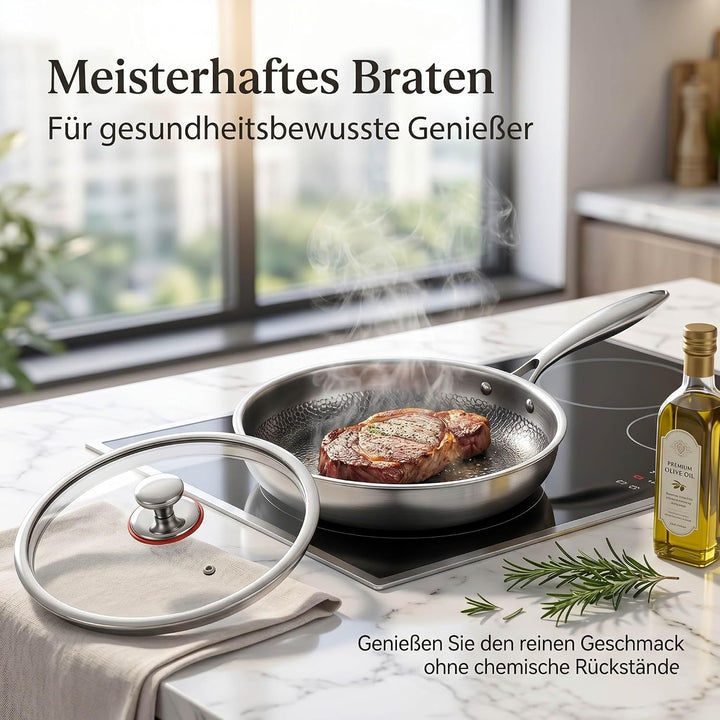 Titan Pfanne 28 cm mit Deckel, Unbeschichtete Titan Bratpfanne mit Gehämmertem Design, Kratzfeste Ph