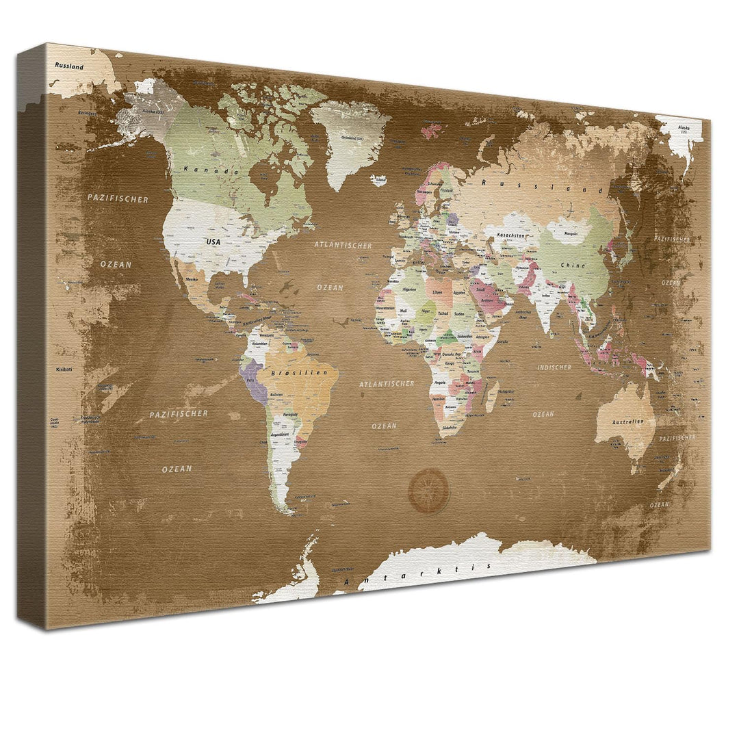 LANA KK - Luxus Pinnwand Weltkarte - Oldstyle - Deutsch - in 120 x 80 cm, stabile Rückwand zum Pinne