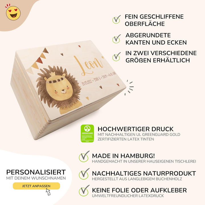 KIDSMOOD - Erinnerungsbox Baby, personalisierte Holzkiste mit Deckel, Ideal zur Aufbewahrung von Eri