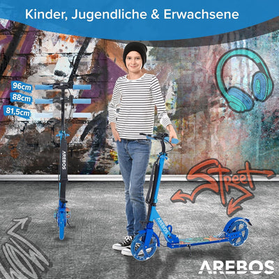 Arebos Cityroller Tretroller mit LED | höhenverstellbar | klappbar | inkl. Tragegurt | Hand- & Tritt