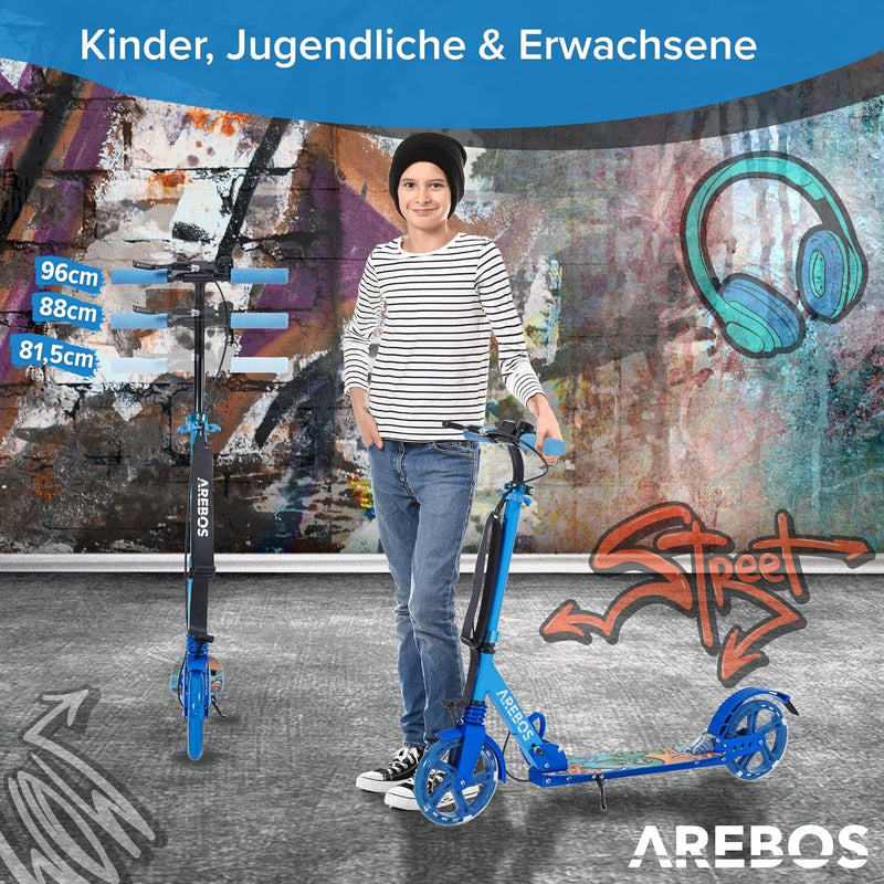 Arebos Cityroller Tretroller mit LED | höhenverstellbar | klappbar | inkl. Tragegurt | Hand- & Tritt