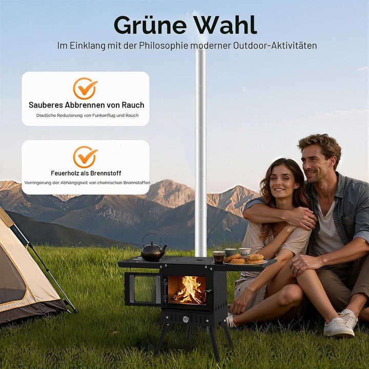 Klappbarer Holzofen Camping mit Schornstein, Höhenverstellbar 36-56cm Tragbarer Zeltkocher für Outdo