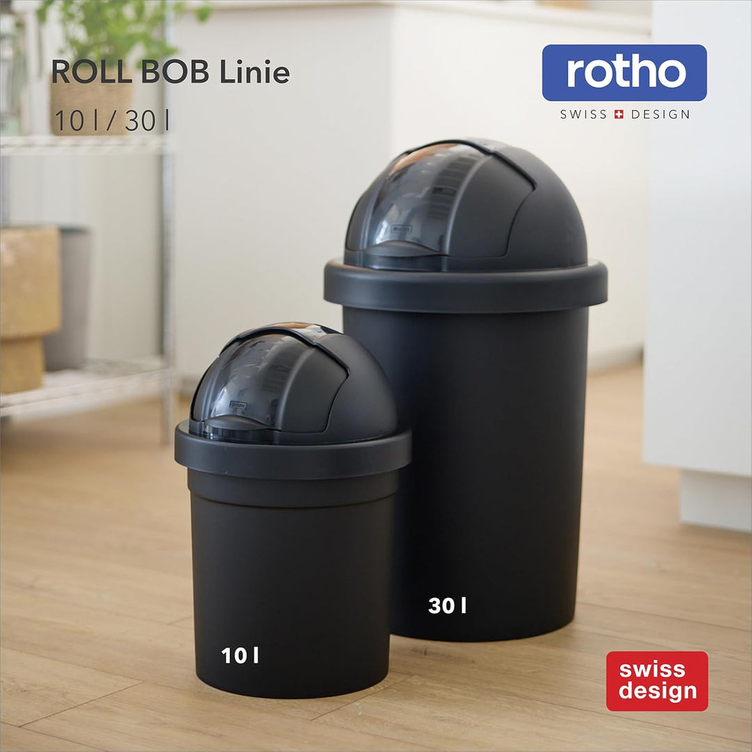 Rotho ROLL BOB runder Mülleimer mit Deckel 30 l, Leicht zu bedienen, Hygienisch, Kunststoff, schwarz