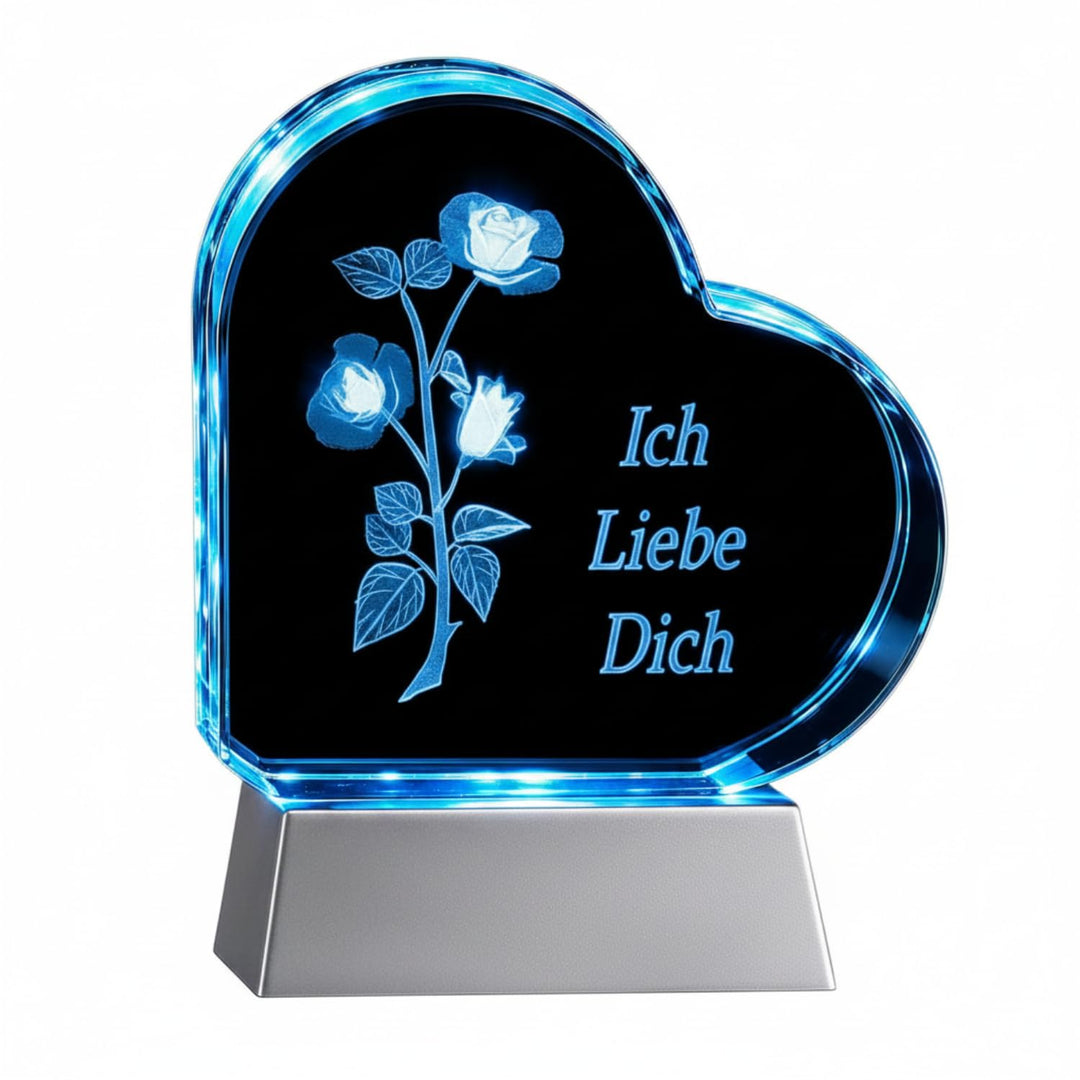 Kaltner Präsente Geschenkidee – Herz aus Glas: Kristallglas mit 3D-Laser-Gravur Rose - Ich Liebe Dic