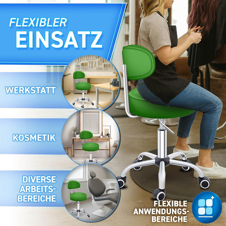 TRESKO® Rollhocker mit Lehne Grün | Arbeitshocker höhenverstellbar 46-58 cm | Drehhocker mit Rollen