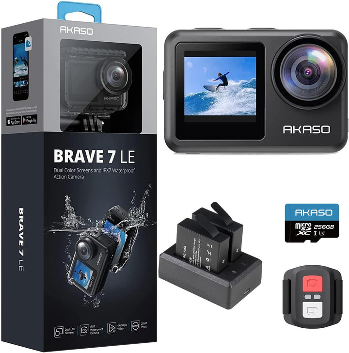 AKASO Brave 7 LE Action Cam 4k30FPS 20MP mit 256GB U3 Speicherkarte Unterwasserkamera IPX7 wasserdic
