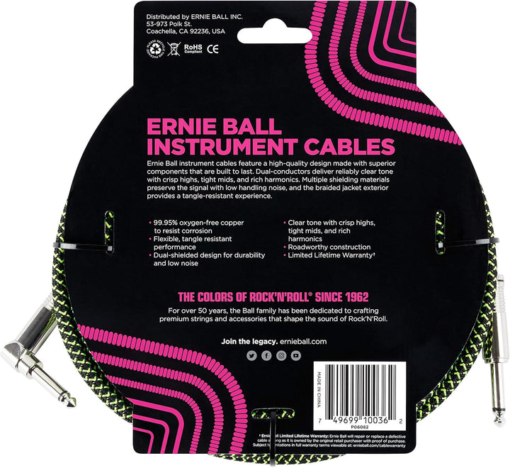 Ernie Ball Instrumentenkabel geflochten, gerade/gewinkelt, 5,49 m, Schwarz/Grün Schwarz 7,6 m Gerade