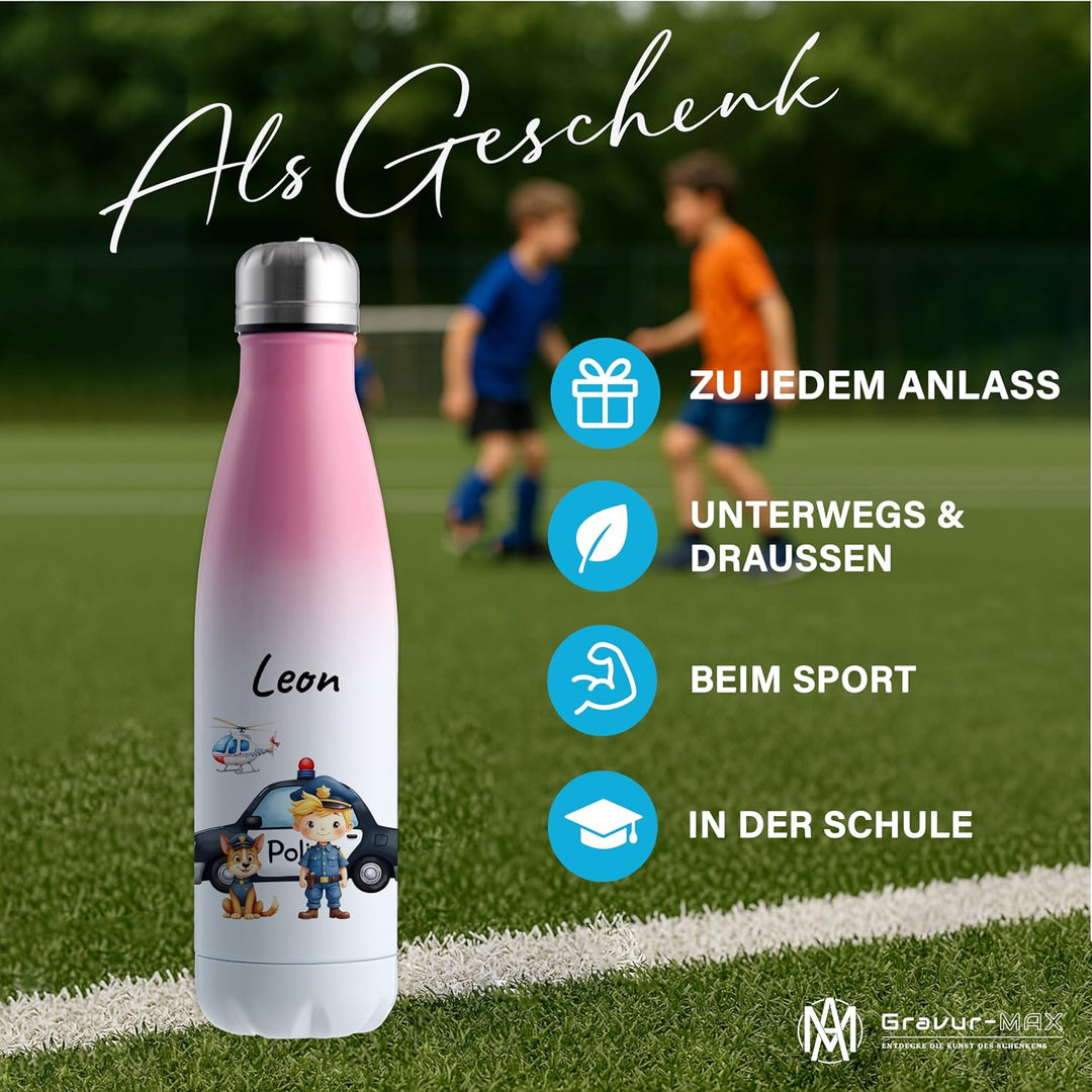 Trinkflasche Edelstahl 500 ml personalisiert - "Polizei" – doppelwandige Thermosflasche hält 13 h wa