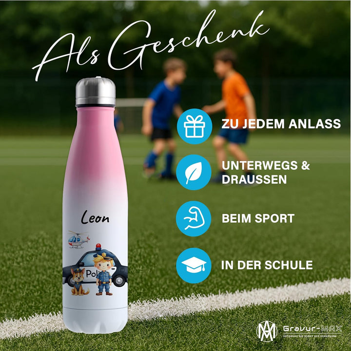 Trinkflasche Edelstahl 500 ml personalisiert - "Polizei" – doppelwandige Thermosflasche hält 13 h wa