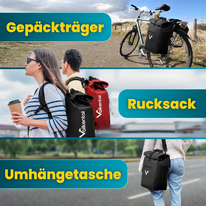 Valkental - 3in1 Fahrradtasche - Geeignet als Gepäckträgertasche, Rucksack und Umhängetasche - Wasse