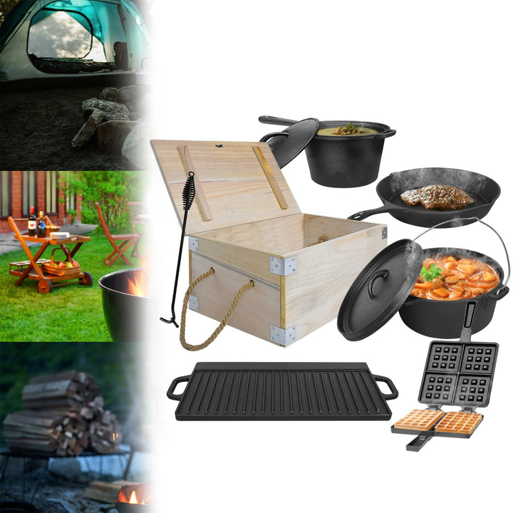 Dutch Oven Set 12-teilig in Holzkiste BBQ Feuertopf mit Füssen und Deckel, Gusseisen Topf Schmortopf