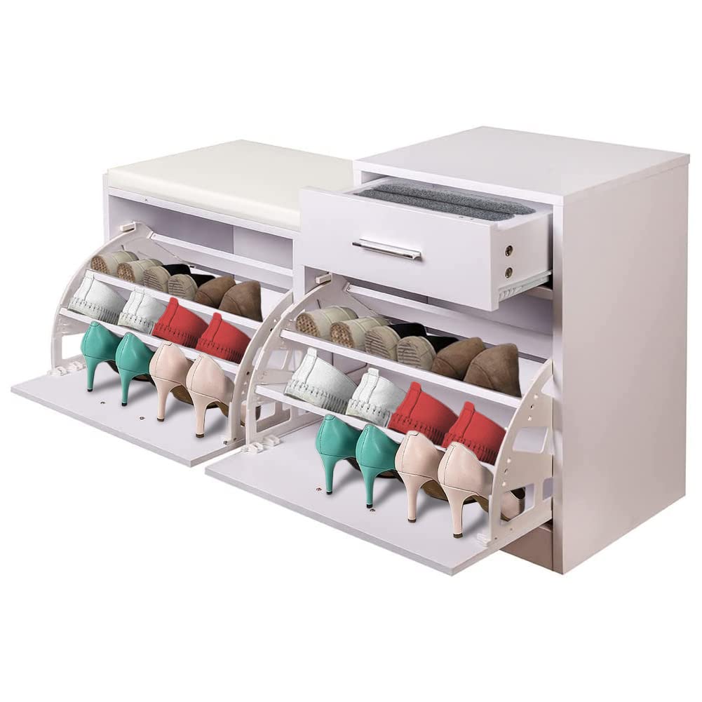 BAKAJI Schuhtruhe, gepolsterte Sitzbank, Weiss, Holz, Slim, 5 x 57 x 30 cm, 94,5x57x30 cm