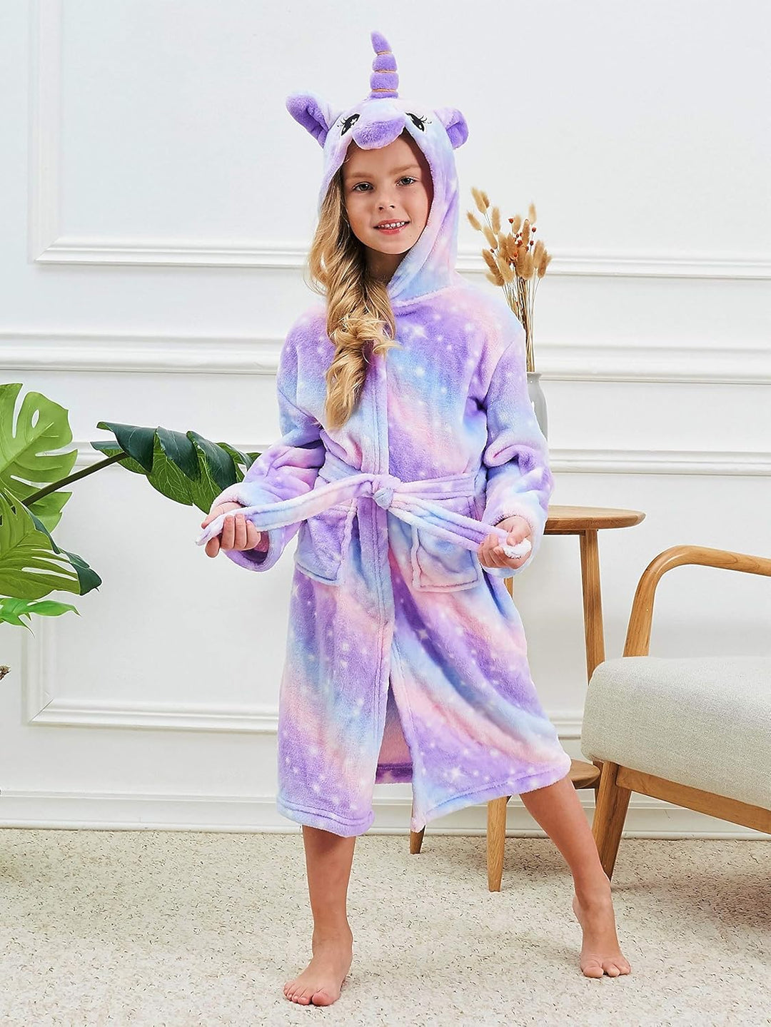 Piefry Weicher Einhorn-Bademantel mit Kapuze für Mädchen mit Einhorn-Pantoffeln, Augenbinde und Stir