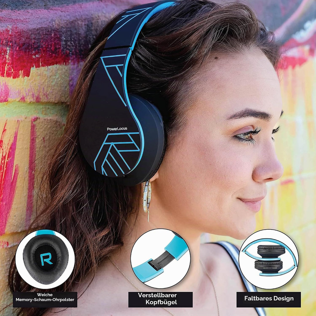 PowerLocus Kabellose Kopfhörer Over Ear, Kopfhörer Bluetooth mit Mikrofon, Faltbar, weiche Ohrpolste