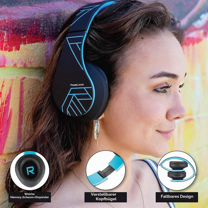 PowerLocus Kabellose Kopfhörer Over Ear, Kopfhörer Bluetooth mit Mikrofon, Faltbar, weiche Ohrpolste