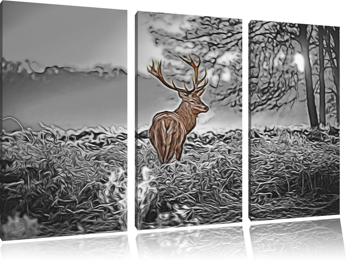 stolzer Hirsch im Wald3-Teiler Leinwandbild 120x80 Bild auf Leinwand, XXL riesige Bilder fertig gera