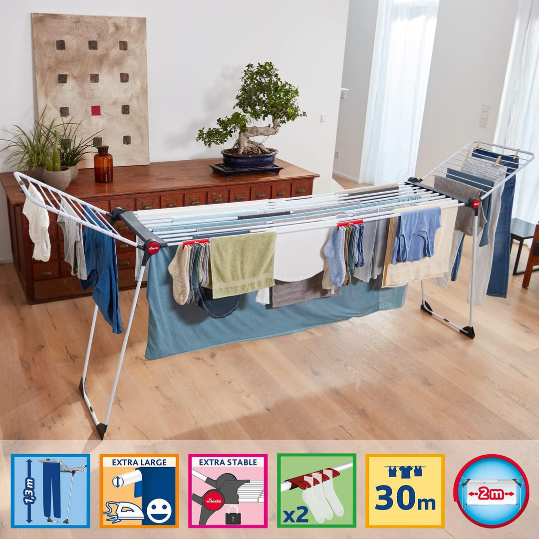 Vileda Infinity Flex Plus Wäscheständer, bis zu 2m ausziehbares Mittelteil, 30m Trockenleine, hohe F