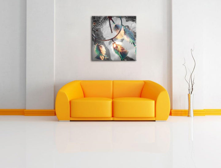 Traumfänger Schwarz/Weiss, Format: 70x70 auf Leinwand, XXL riesige Bilder fertig gerahmt mit Keilrah