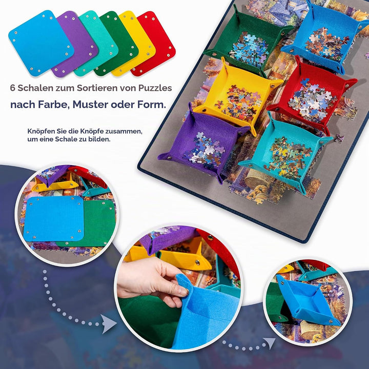Tektalk Puzzlebrett mit 6 Farbsortiertabletts – tragbare Puzzlematte mit rutschfester Oberfläche, st