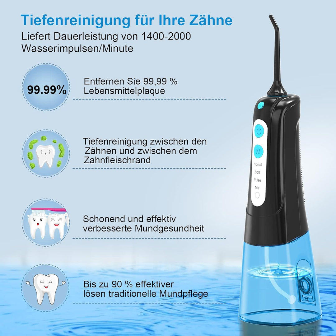 SURFOU Munddusche Kabellos Mundduschen 300ML 4 Modi 4 Düsen, Mundduschen Reise Water Flosser IPX7 Wa