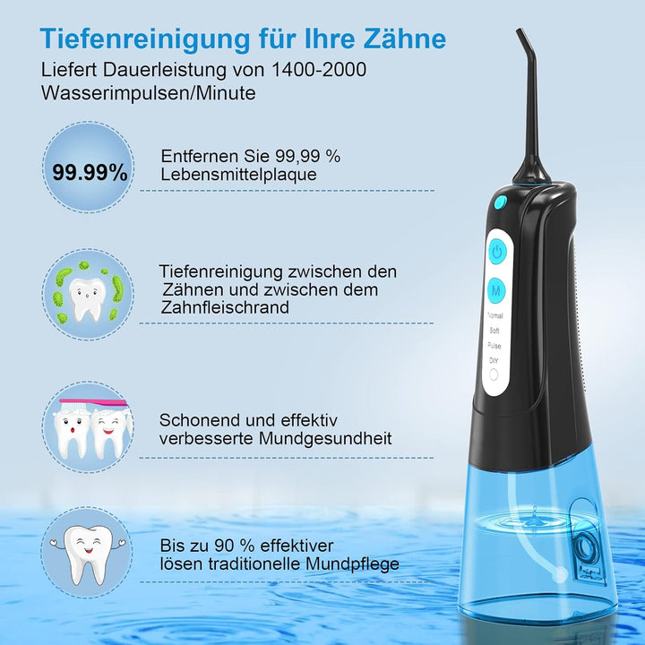 SURFOU Munddusche Kabellos Mundduschen 300ML 4 Modi 4 Düsen, Mundduschen Reise Water Flosser IPX7 Wa