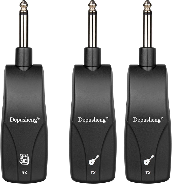 Depusheng GT1 2,4 GHz Drahtloses Gitarrensystem, Stummschalt-Stecker, Empfanger + 2 Sender, 10h Akku