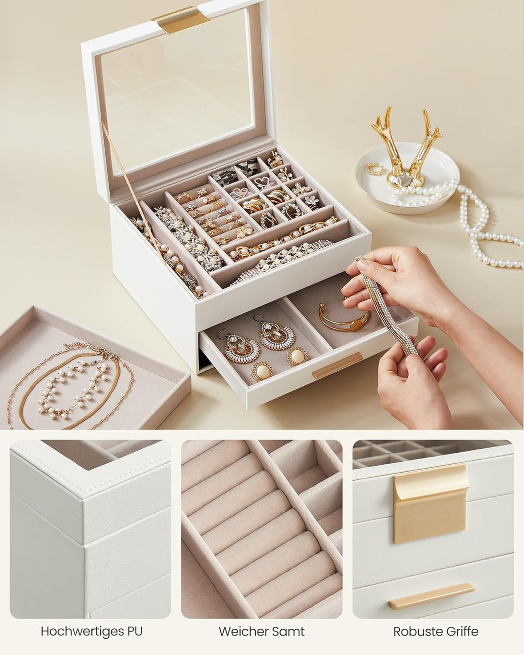 SONGMICS Schmuckkästchen mit Glasdeckel Schmuckkasten mit 3 Ebenen, Schmuckbox mit 2 Schubladen, Sch