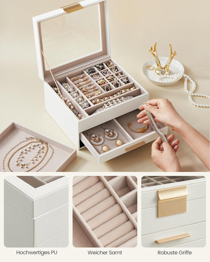 SONGMICS Schmuckkästchen mit Glasdeckel Schmuckkasten mit 3 Ebenen, Schmuckbox mit 2 Schubladen, Sch