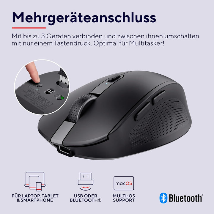 Trust Ozaa Leise Kabellose Maus Bluetooth + 2.4GHz, Schwarz | Kompakte Mehrgeräte Funkmaus, 60% Recy