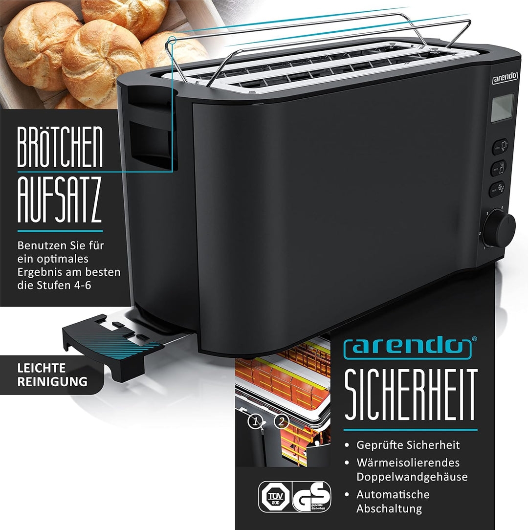 Arendo - SET Toaster MANHA mit Eierkocher SIXCOOK Edelstahl Schwarz, Toaster 4 Scheiben, LED-Display