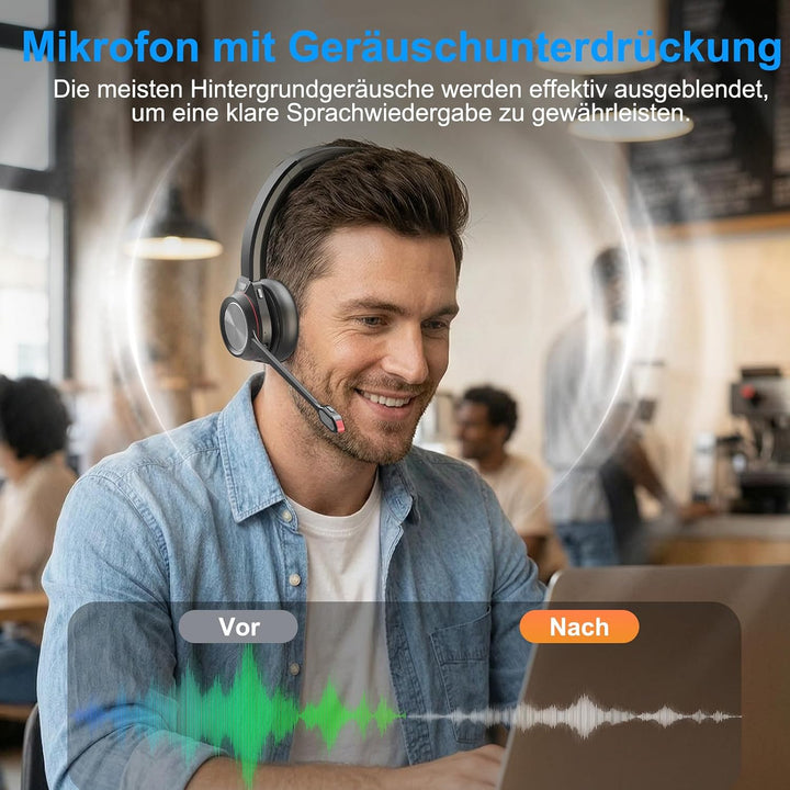 Bluetooth Headset mit Mikrofon, Wireless Headset mit USB Dongle Ladestation, Noise Cancelling Mikrof