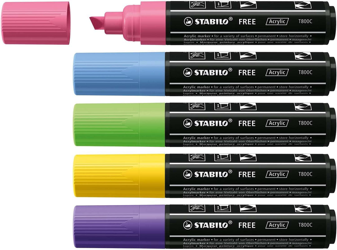 Acrylmarker - STABILO FREE Acrylic - T800C Keilspitze 4-10mm - Seaside - 5er Pack - mit 5 verschiede
