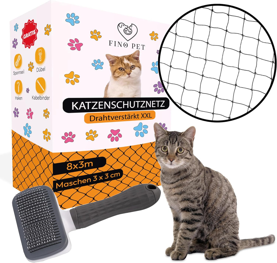 FinoPet Katzennetz für Balkon [Plus Drahtverstärkt] 8x3 Meter mit Katzenbürste und inklusive Befesti