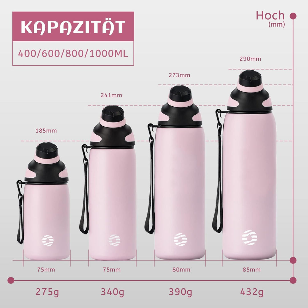Fjbottle Edelstahl Trinkflasche Sport mit Magnetischem Deckel 1L, 800ml, 600ml, 400ml BPA-Frei Ausla