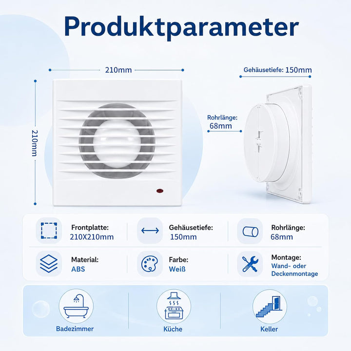 Badlüfter 150mm, 197m³/h Abluftventilator Küche, Badlüfter mit Rückstauklappe, 1.5m EU-Netzkabel für