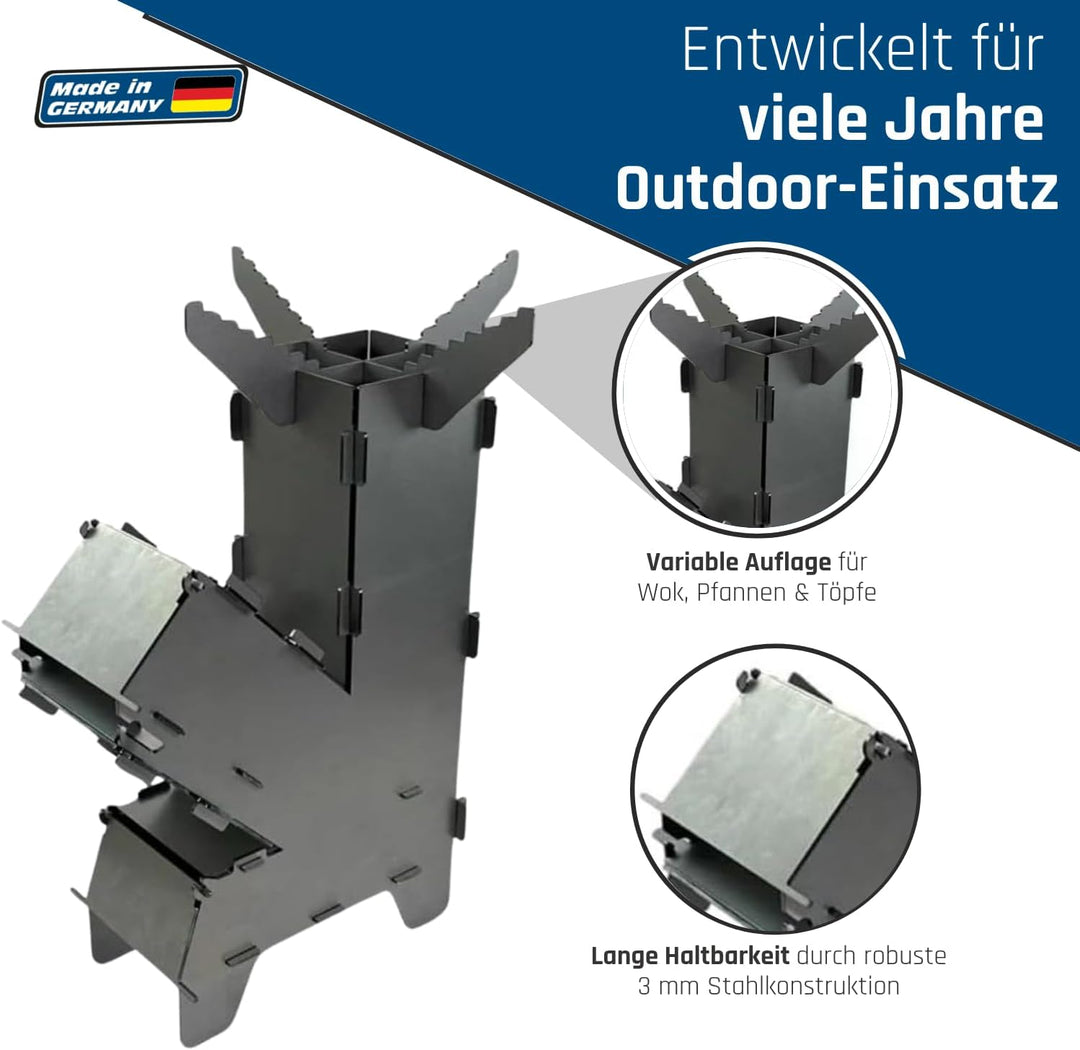 EWH Raketenofen aus 3 mm Stahl inkl. Grillplatte – Made in Germany - robuster Outdoor Holzofen zum K