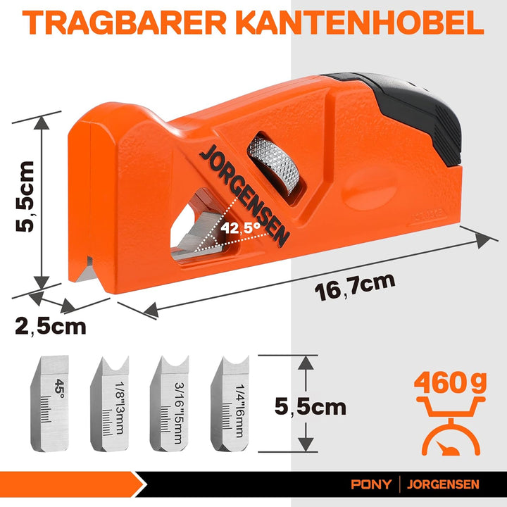 JORGENSEN Kantenhobel Holz mit 4 Schneidköpfen 45°/3/5/6mm, Fasenhobel Eckhobel für Holzbearbeitung,