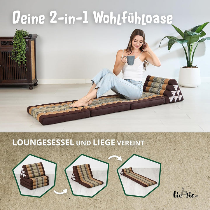 livasia Thaikissen mit 3 Auflagen, Dreieckskissen mit Klappmatratze, Keilkissen Kapok, Rückenkissen