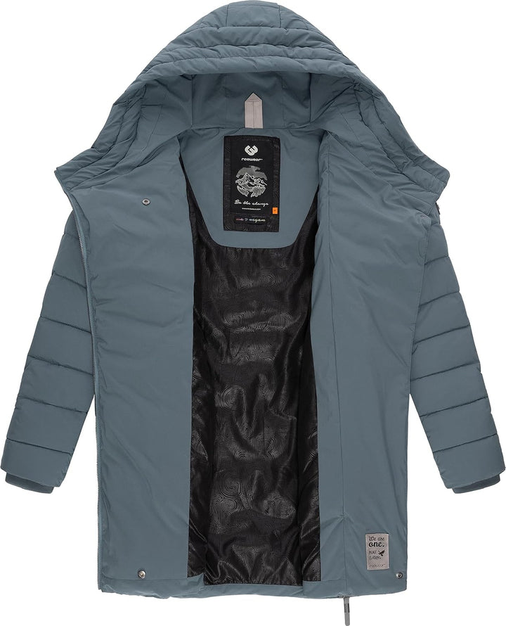 Ragwear Damen wasserdichter Regenmantel Wintermantel warm gefüttert Steppmantel lang mit Kapuze Teel