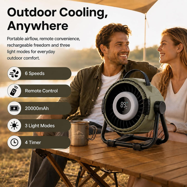 WHATOOK Akku Camping Ventilator 20000mAh Tischventilator mit Fernbedienung | USB-C-Ladung, Powerbank