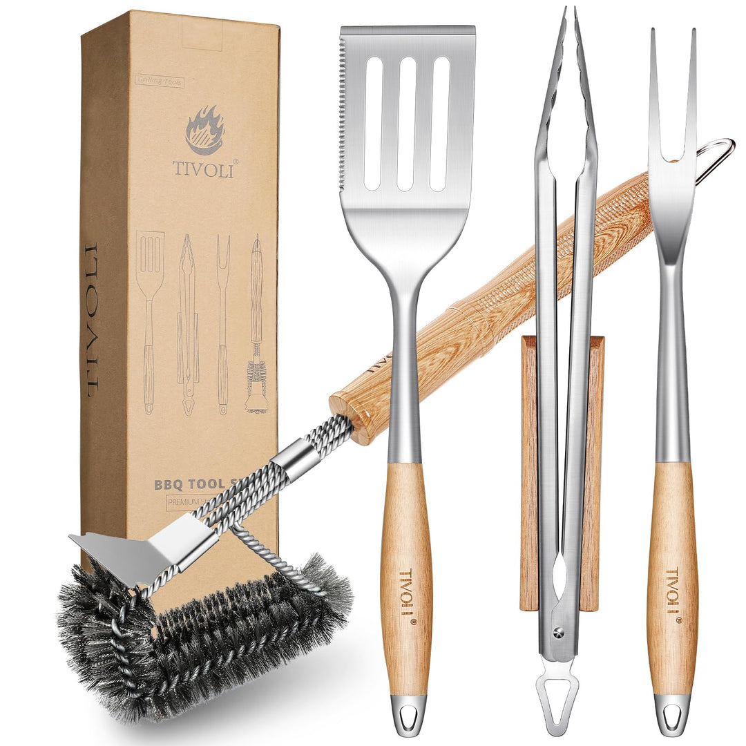 TIVOLI Grillbesteck Set 4-teilig, aus hochwertigem Edelstahl Gefertigt, mit Sicheren Holzgriffen, in