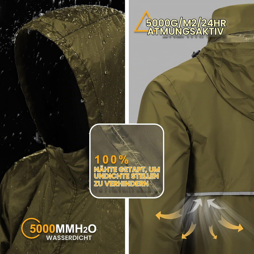 Outdoor Ventures Herren Regenjacke Wasserdichter Pullover mit Kapuze Packbare Reflektierende Jacke L
