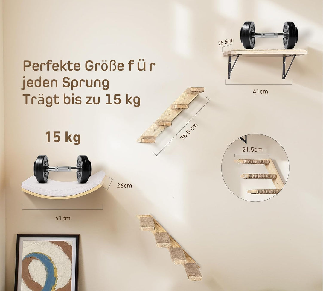 Katzen Kletterwand, Katzentreppe Wand Set mit 2 Stufen Quadratischer & Gebogenen Plattformen, Wandmo