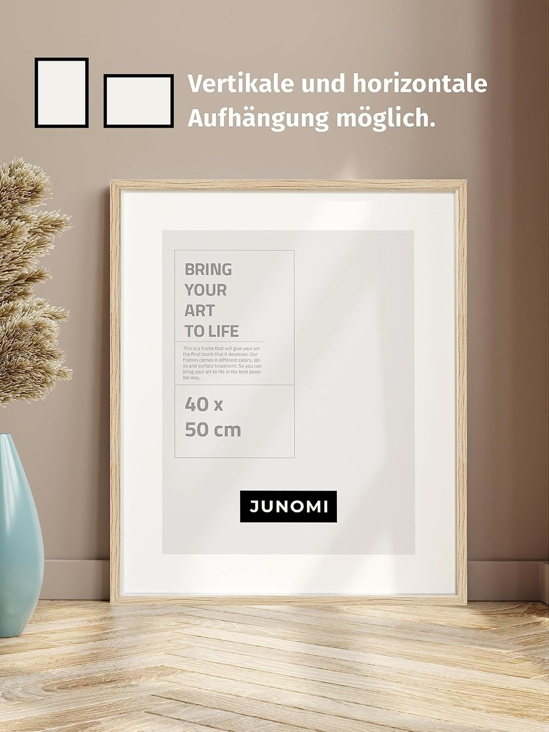 JUNOMI® Bilderrahmen 40 x 50 cm Holz | Farbe Eiche | Bilderrahmen Eiche mit bruchsicherem Acryl-Glas