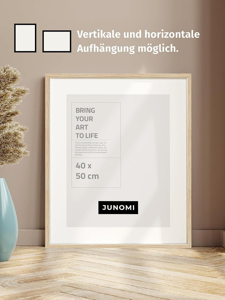 JUNOMI® Bilderrahmen 40 x 50 cm Holz | Farbe Eiche | Bilderrahmen Eiche mit bruchsicherem Acryl-Glas