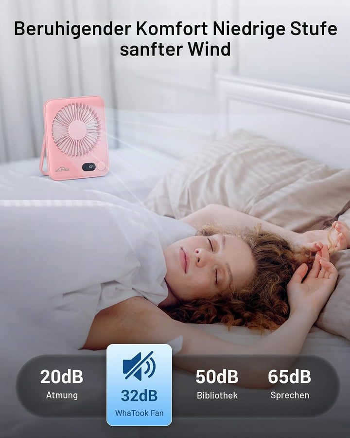 WHATOOK Leiser USB-Tischventilator: Stufenlos 1-100 Regler, 2000mAh Akku Tragbarer Lüfter mit LED-An