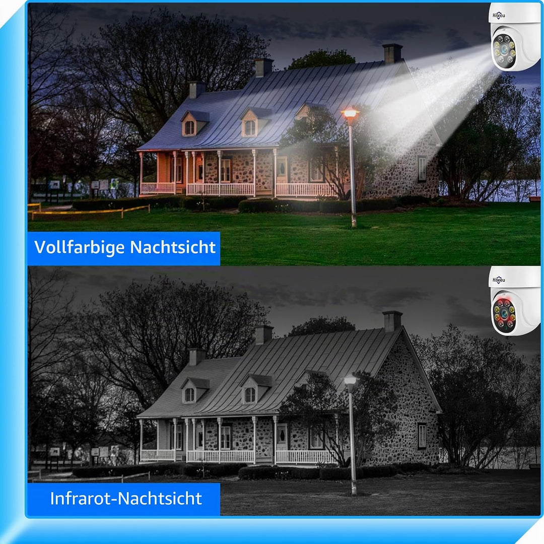 Hiseeu 5 MP Überwachungskamera Aussen-WLAN mit automatischer Verfolgung, 350°/90° schwenkbar, Farbna