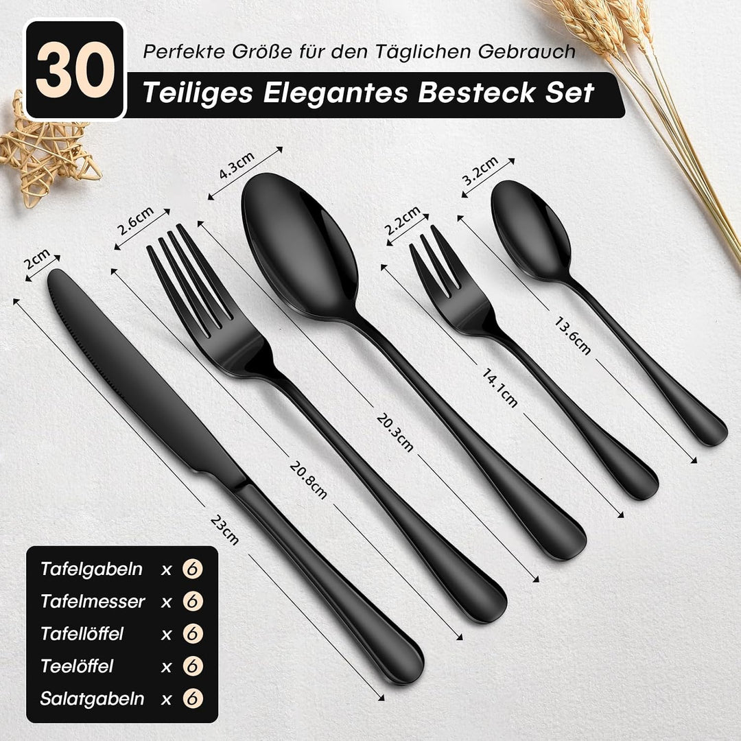 Besteck Set 6 Personen, 30 Teilig Schwarz Besteckset mit Messer Gabel Löffel, Essbesteck Set Edelsta