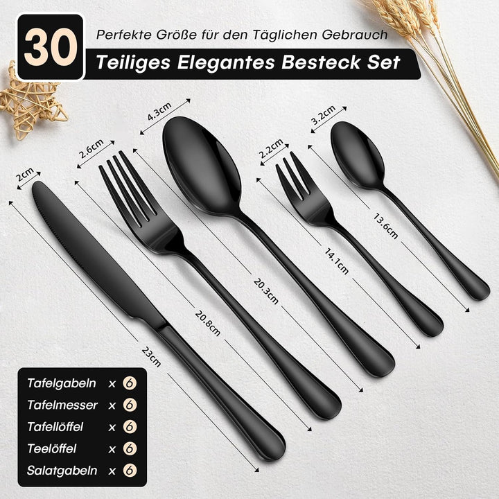 Besteck Set 6 Personen, 30 Teilig Schwarz Besteckset mit Messer Gabel Löffel, Essbesteck Set Edelsta